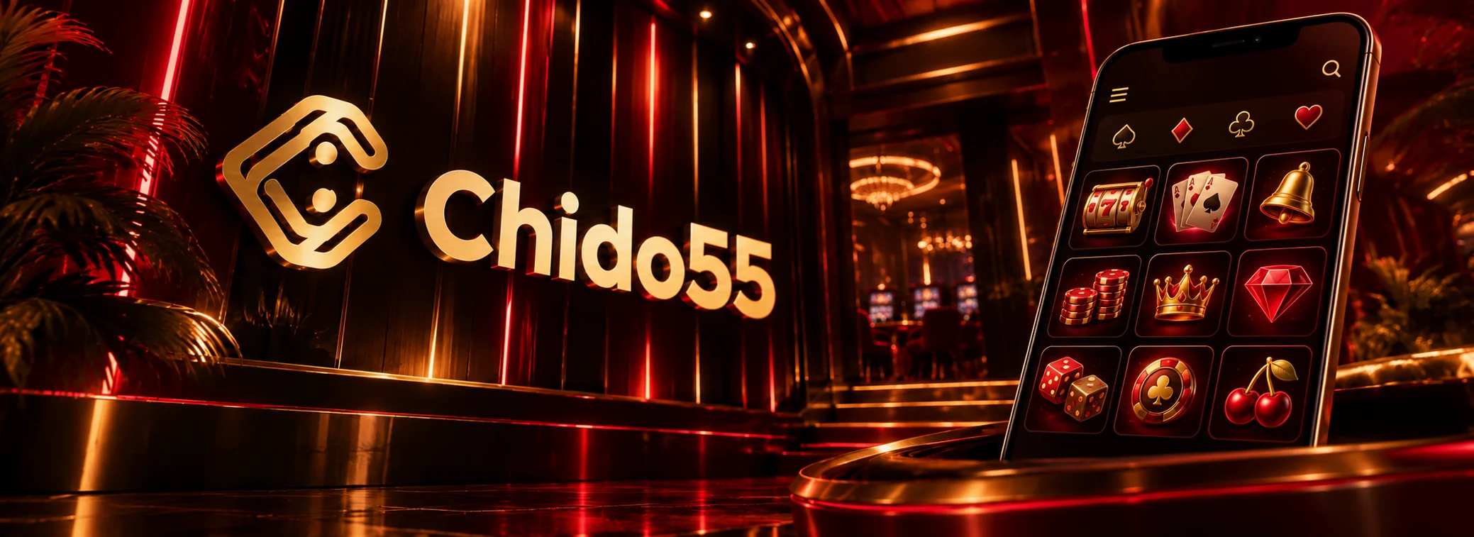Banner de Chido55 con el logotipo dorado y un celular que muestra el lobby del casino